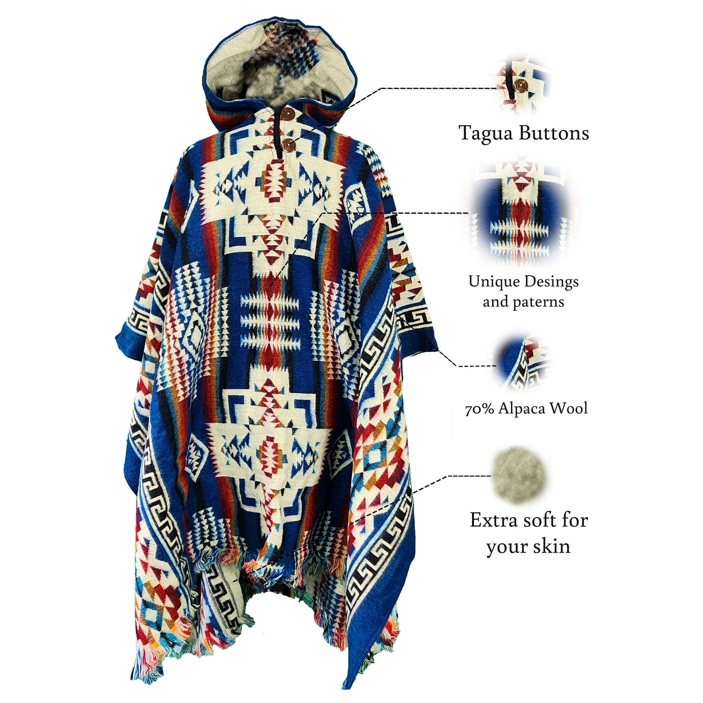 Navy blue alpaca poncho for women with colorful Andean patterns, tagua buttons, 70% alpaca wool, and extra-soft texture, handmade in the Andes.