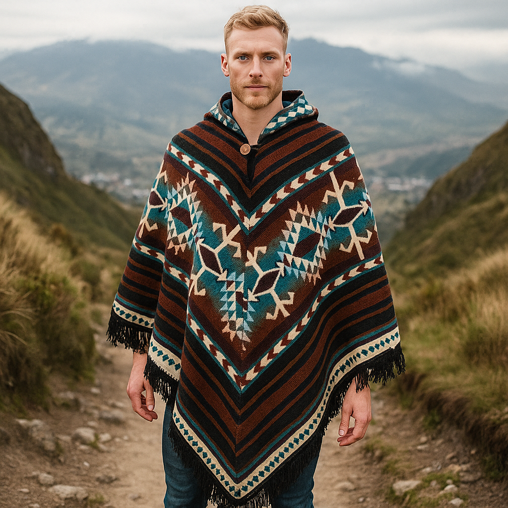 Full-body image of a man, wearing a handwoven asymmetrical alpaca wool poncho in turquoise, brown, black, and cream tribal patterns, with a pointed hem, black fringe, and coconut button closure, standing on a scenic highland trail in the Ecuadorian