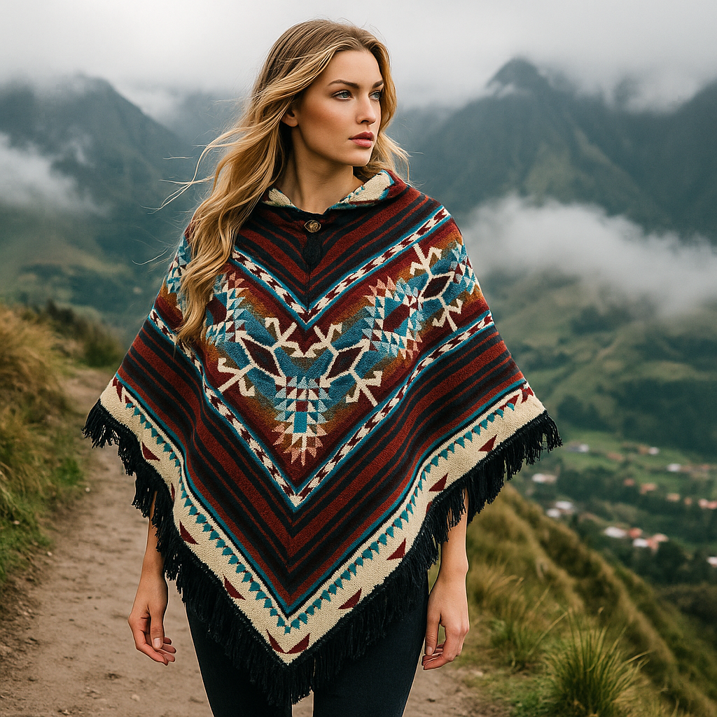 Blonde woman wearing an asymmetrical alpaca wool poncho with tribal Andean patterns, standing on a highland trail in the Andes with misty mountains in the background.