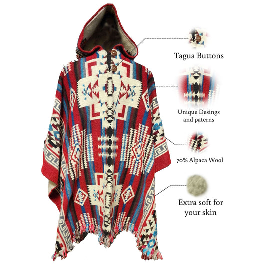 Red and blue Andean alpaca poncho with tagua buttons, 70% alpaca wool, geometric patterns, and soft texture, on white background.