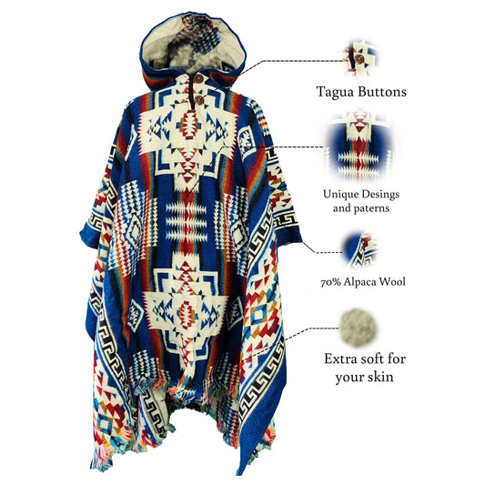 Navy blue alpaca poncho for women with colorful Andean patterns, tagua buttons, 70% alpaca wool, and extra-soft texture, handmade in the Andes.